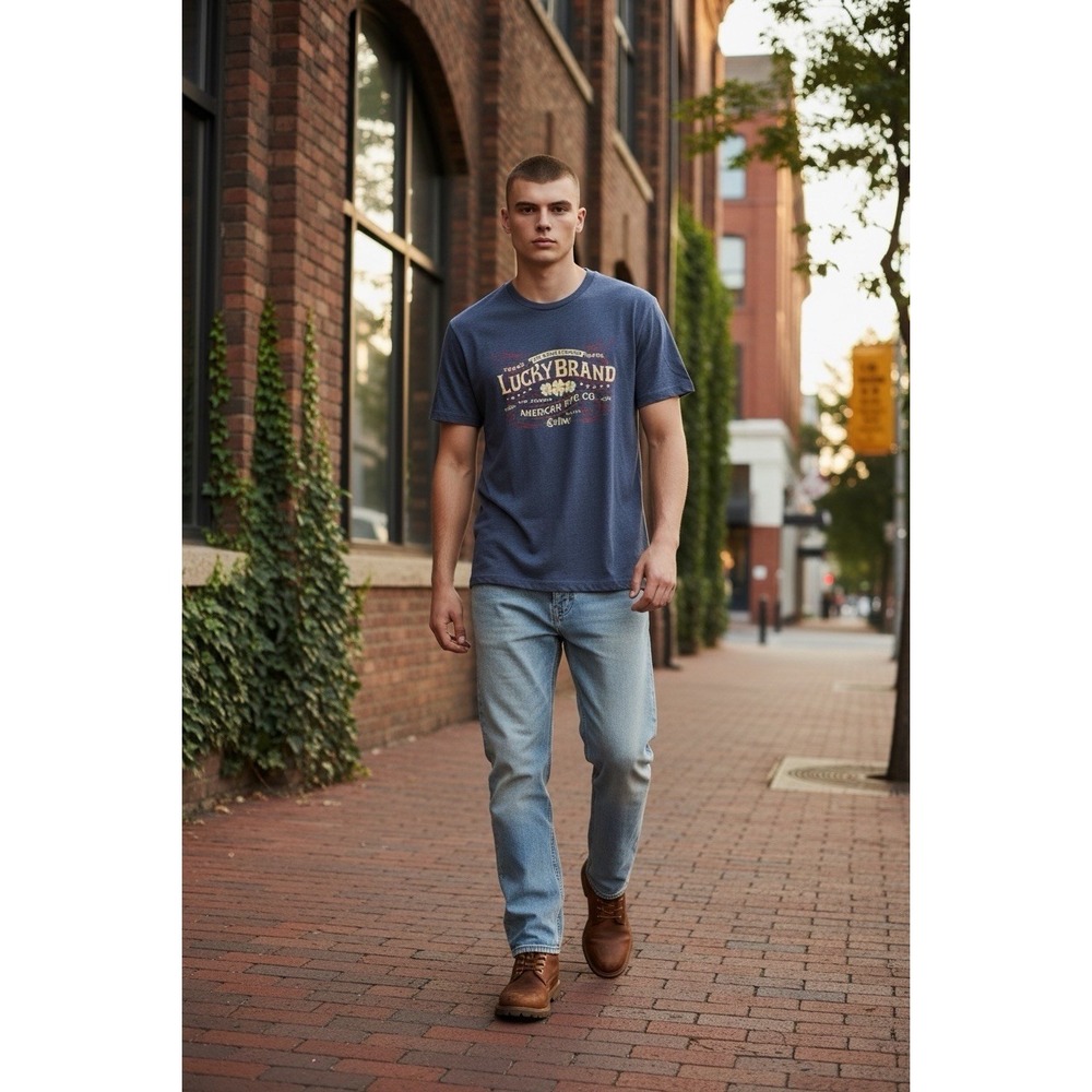Lucky brand men's t shirt Small Blue Logo Cotton polyester rayon new with tag